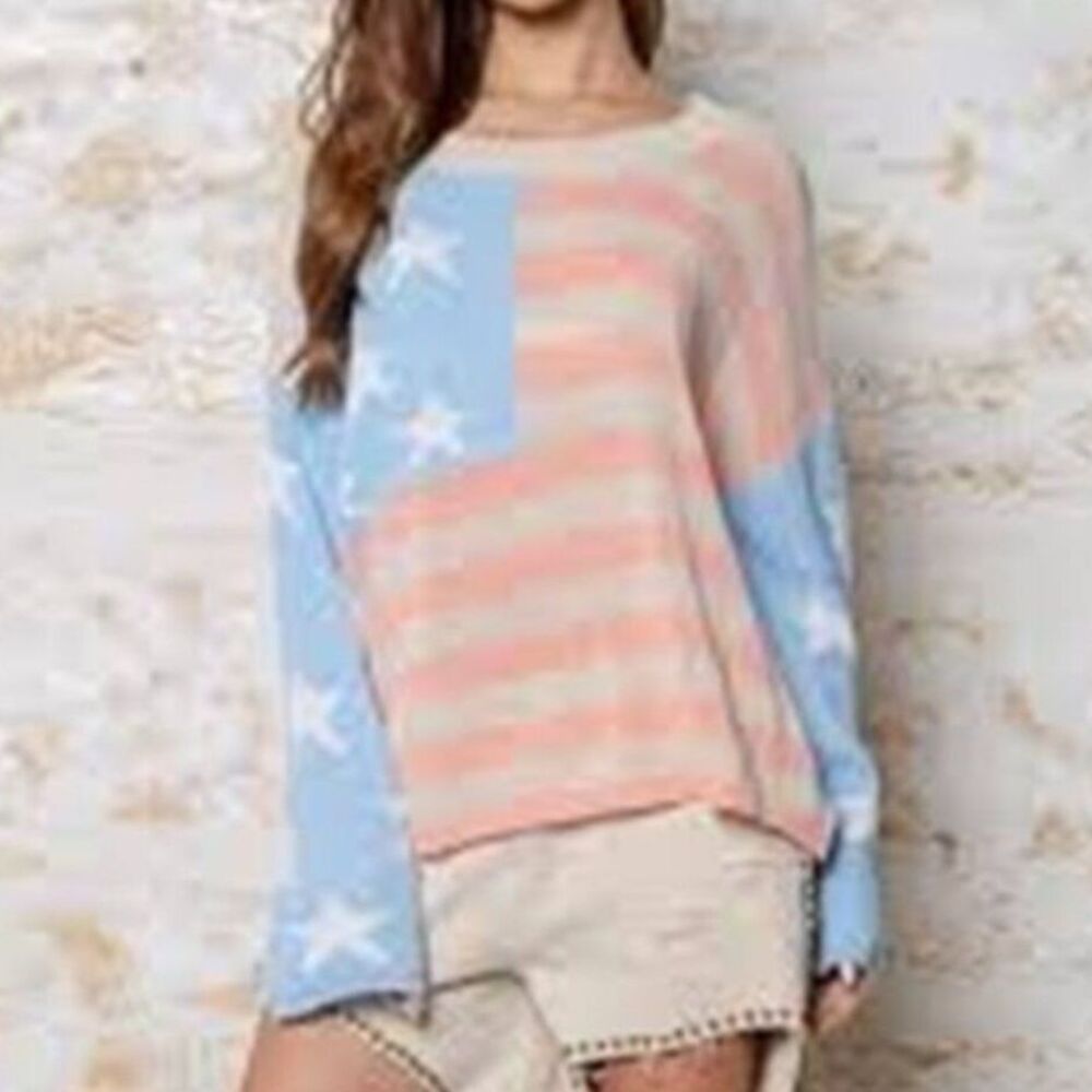 POL Americana Flag Sweater Womens S Pastel Pink Blue Flag Boho Oversized Knit
